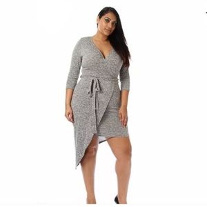 Plus Curvy V-neck Asymmetrical Tie Wrap Mini Dress